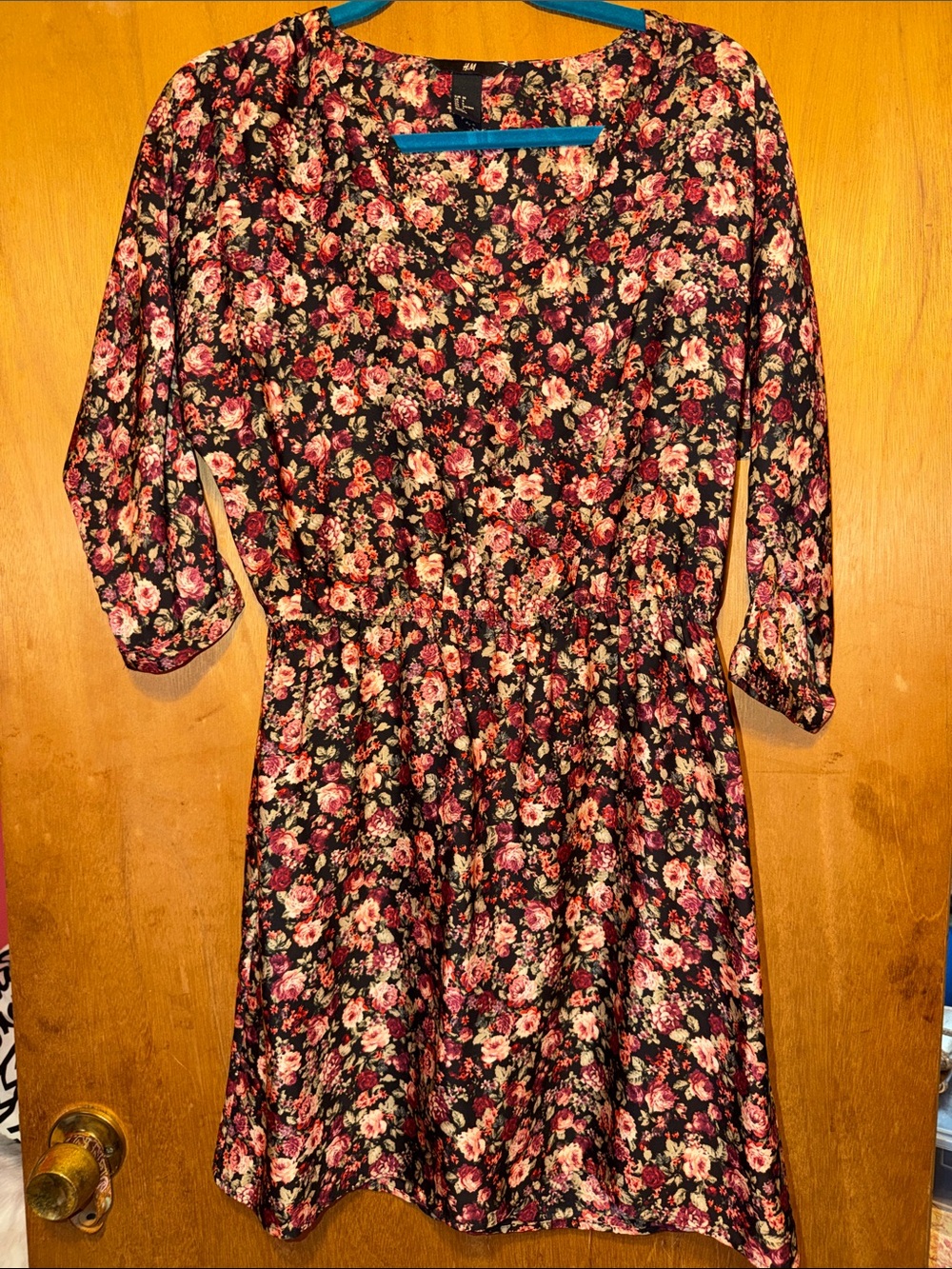 H&M Black Floral Scoop-Neck Fit & Flare Dress with Pink and Cream Flowers